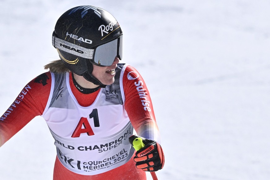 Lara Gut-Behrami of Switzerland reacts in the finish area during the women&#039;s super-g race at the 2023 FIS Alpine Skiing World Championships in Courchevel/Meribel, France, Wednesday, February 8, 2 ...