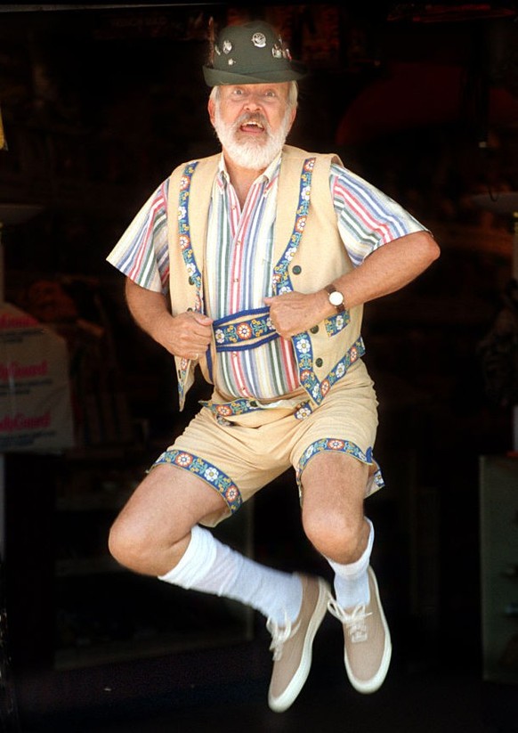 Bob Dempster, master of ceremonies for this year&#039;s Oktoberfest, to be held this Sunday in Thousand Oaks, shows off his lederhosen, a traditional Bavarian Festival Costume. He was outside of the M ...