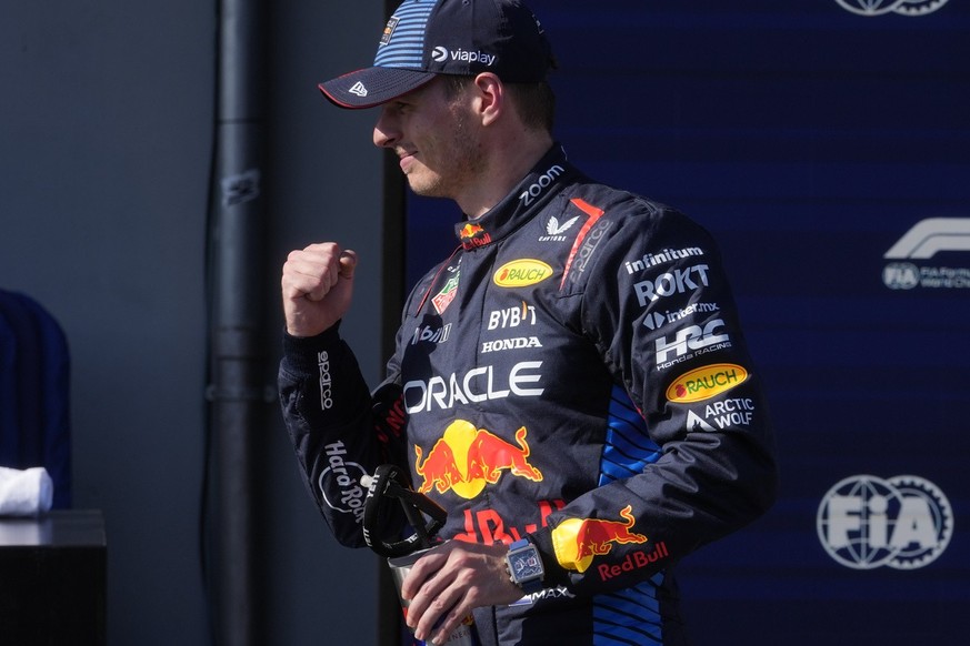 Red Bull driver Max Verstappen of the Netherlands celebrates his pole position after qualifying session for the Italy&#039;s Emilia Romagna Formula One Grand Prix at the Dino and Enzo Ferrari racetrac ...