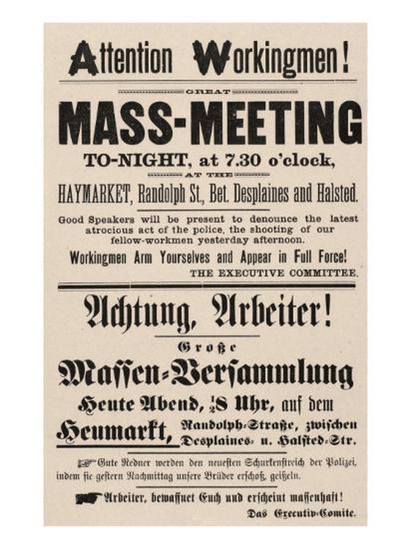 Un pamphlet bilingue de Chicago de 1886 appelant à un autre rassemblement à Haymarket le 4 mai.