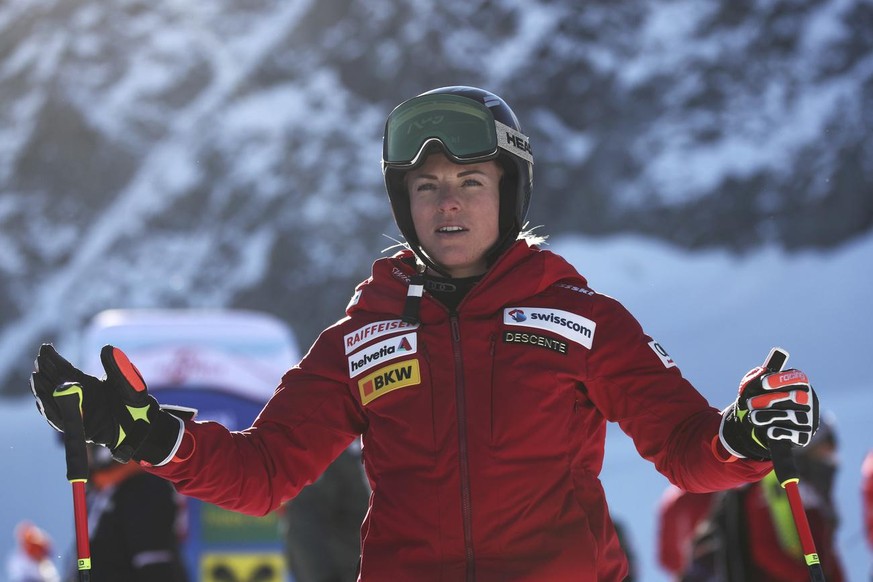 Switzerland&#039;s Lara Gut-Behrami prepares prior to an alpine ski, women&#039;s World Cup giant slalom, in Soelden, Austria, Saturday, Oct. 23, 2021. (AP Photo/Gabriele Facciotti)