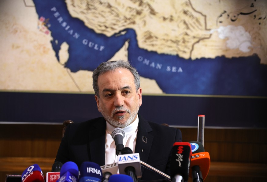 epa12959871 Irans Foreign Minister Abbas Araghchi addresses a press conference after attending the BRICS Foreign Ministers' Meeting, at the Embassy of the Islamic Republic of Iran in New Delhi,  ...