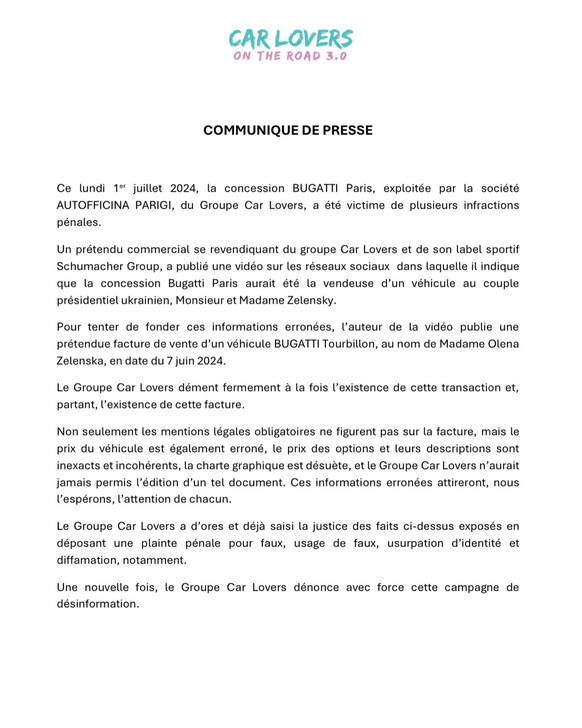 Communiqué de presse Bugatti