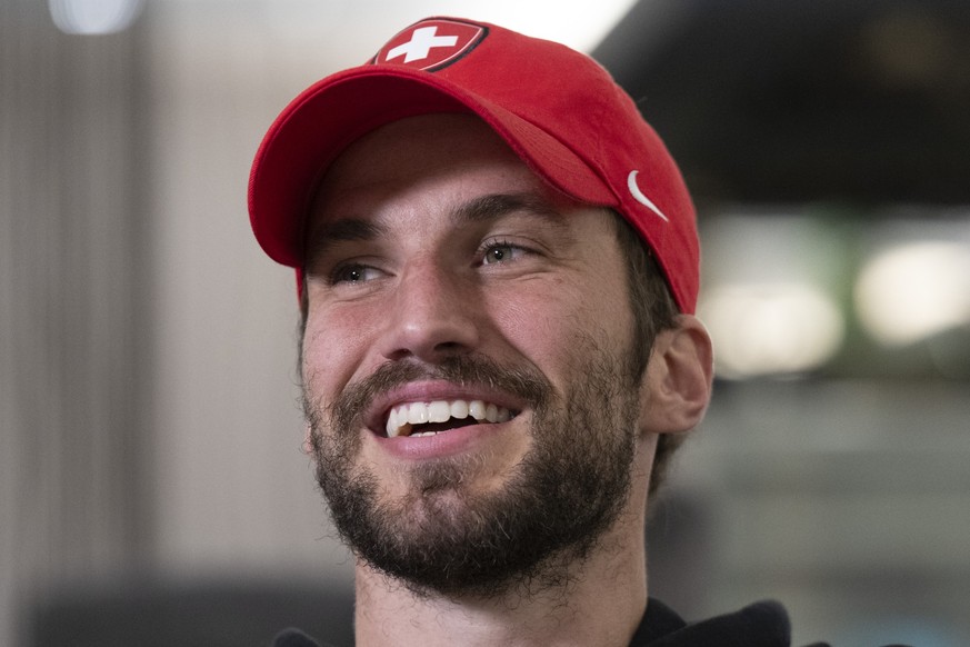 Switzerland's Roman Josi speaks during a media meeting in Prague, Czech Republic, on Friday, May 17, 2024. (KEYSTONE/Peter Schneider)