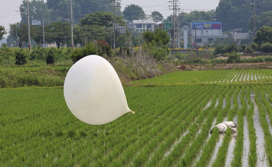 FILE - A balloon presumably sent by North Korea, is seen in a paddy field in Incheon, South Korea, on June 10, 2024. South Korea is monitoring an expected change in the wind direction on Monday, June  ...