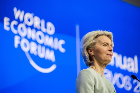 epa11082201 Ursula von der Leyen, President of the European Commission, speaks during a plenary session in the Congress Hall at the 54th annual meeting of the World Economic Forum (WEF) in Davos, Swit ...