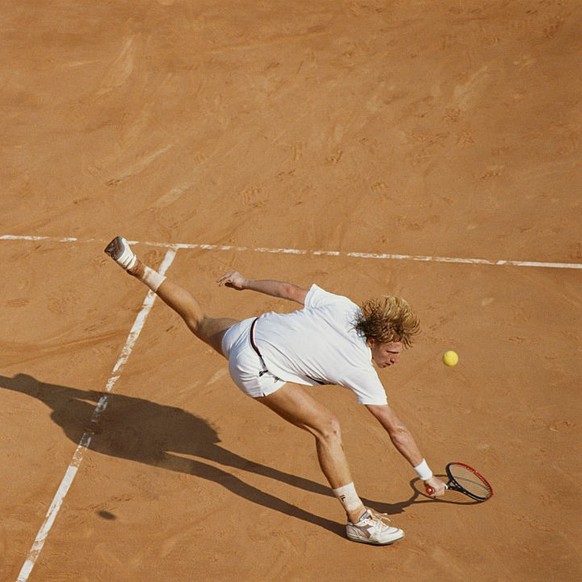 Boris Becker of Germany serves during a Men&#039;s Singles match during the Monte Carlo Open Tennis Championship on 25 April 1990 at the Monte Carlo Country Club in Roquebrune-Cap-Martin, France, near ...