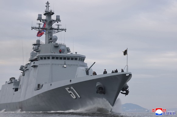 In this photo provided by the North Korean government, its leader Kim Jong Un inspects new destroyer, Choe Hyon ahead of its commissioning Tuesday, March 3, 2026. Independent journalists were not give ...