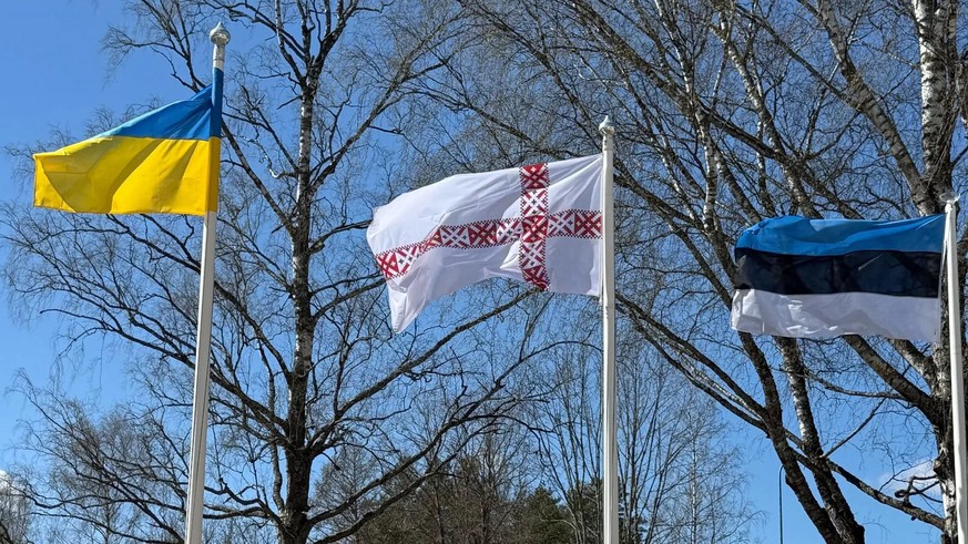Les drapeaux de l'Ukraine, de la Setomaa et de l'Estonie devant la mairie de Värska, chef-lieu de la Setomaa.