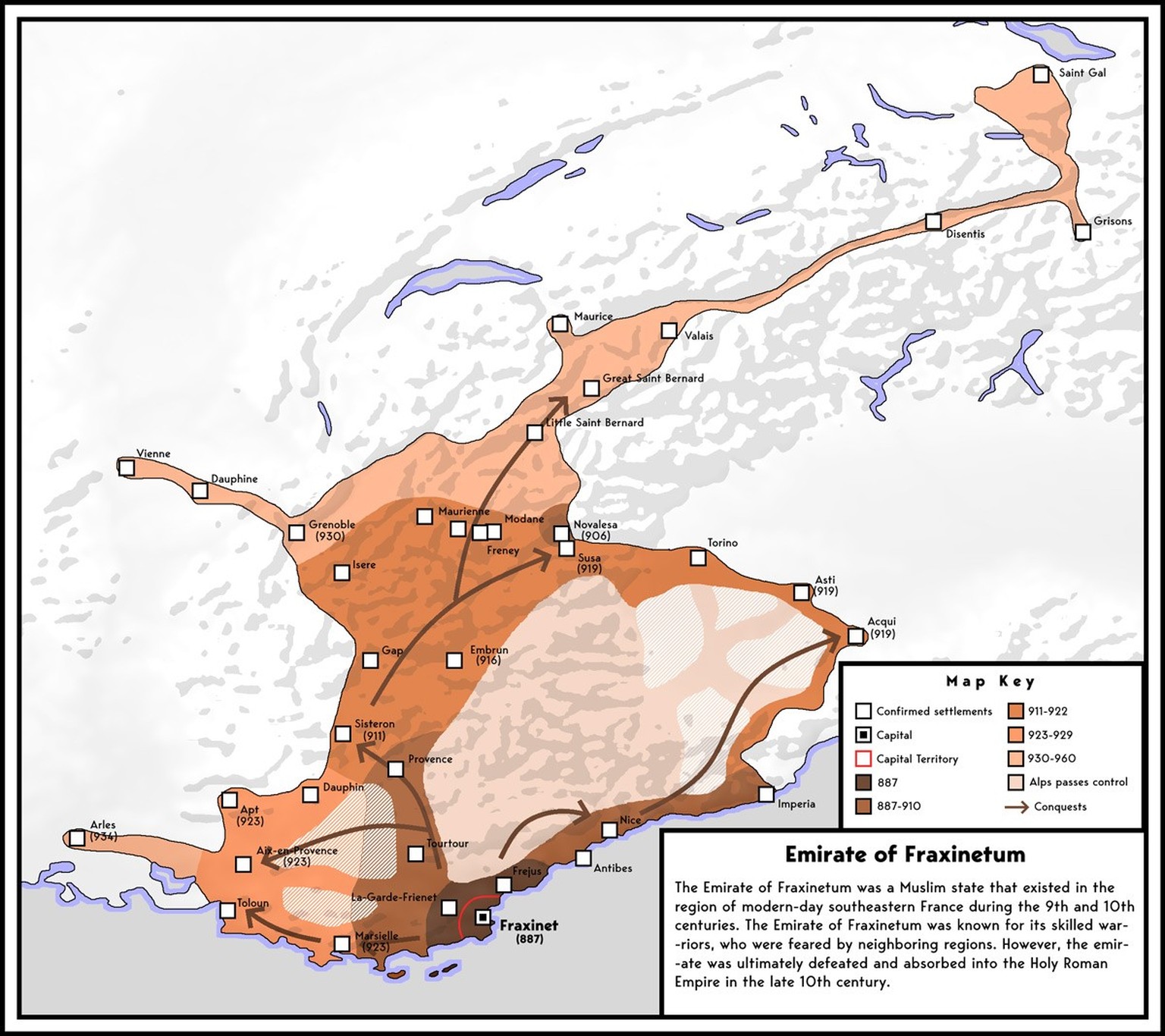 Carte de l’émirat du Fraxinet avec ses colonies et les dates correspondantes.
https://commons.wikimedia.org/wiki/File:Fraxinetum.png?uselang=fr