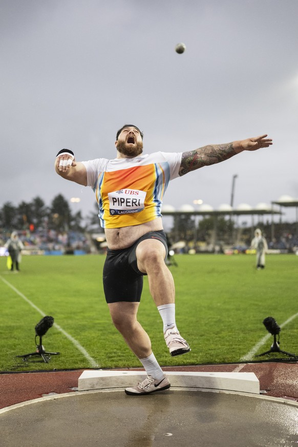 Adrian Piperi of United States in action during the shot put competition during the 50th edition of the World Athletics Diamond League Athletissima athletics meeting at the Stade Olympique de la Ponta ...