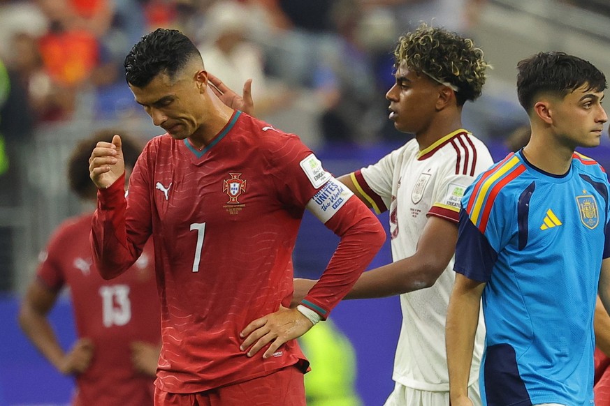 epa13093066 Cristiano Ronaldo (L) of Portugal reacts after their defeat in the FIFA World Cup 2026 Round of 16 match Portugal against Spain, in Dallas, USA, 06 July 2026. EPA/CHRISTOPHER NEUNDORF