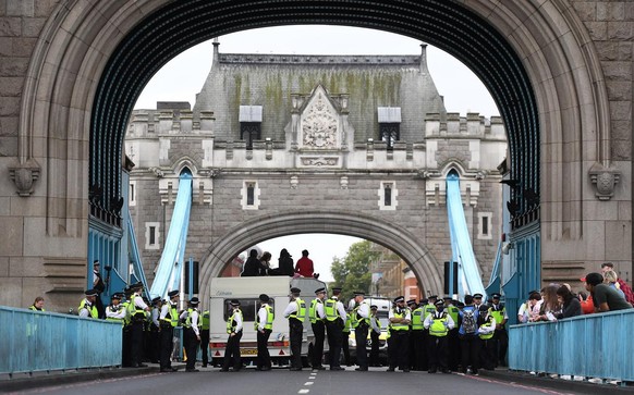 Des militants d'Extinction Rebellion ont bloqué lundi le pont Tower Bridge, à Londres.