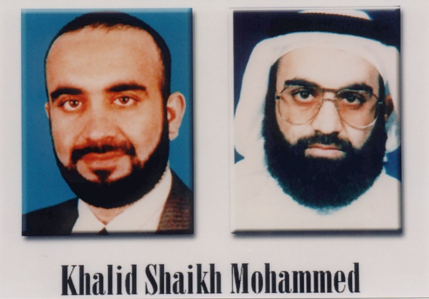 COMPOSITE PIC: Khalid Shaikh Mohammed released by the FBI and President Bush during a press conference to announce the Most Wanted Terrorist list. (Photo by Mai/Getty Images)