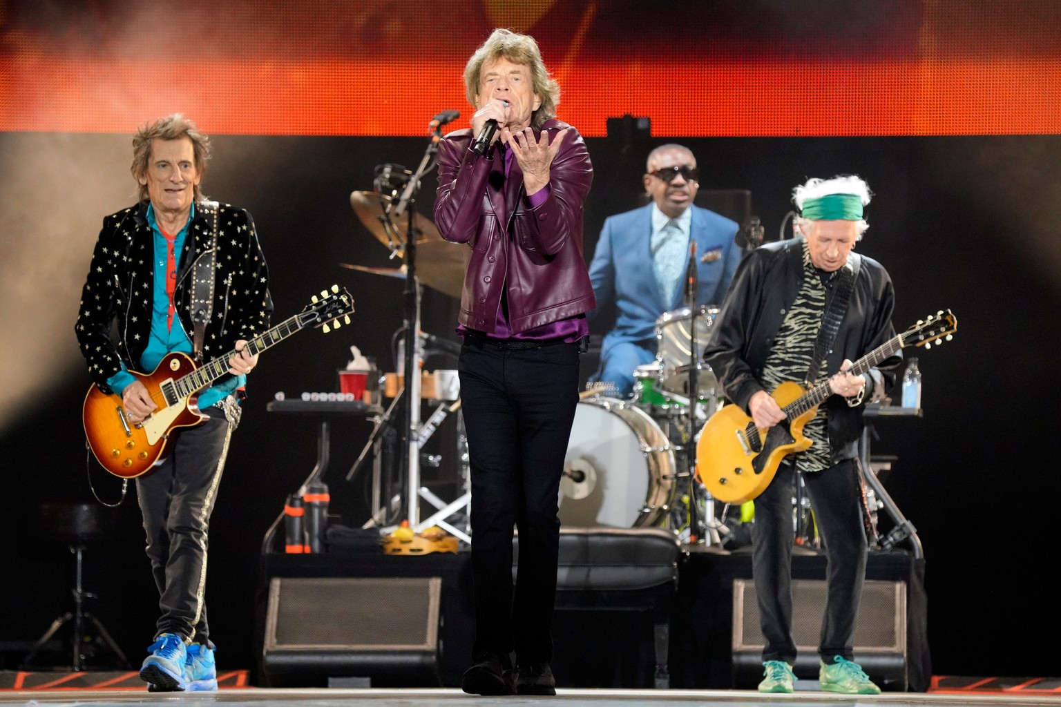 FILE - Ronnie Wood, from left, Mick Jagger, Steve Jordan, and Keith Richards of The Rolling Stones perform during the "Hackney Diamonds" tour on June 27, 2024, in Chicago. (Photo by Rob Grab ...