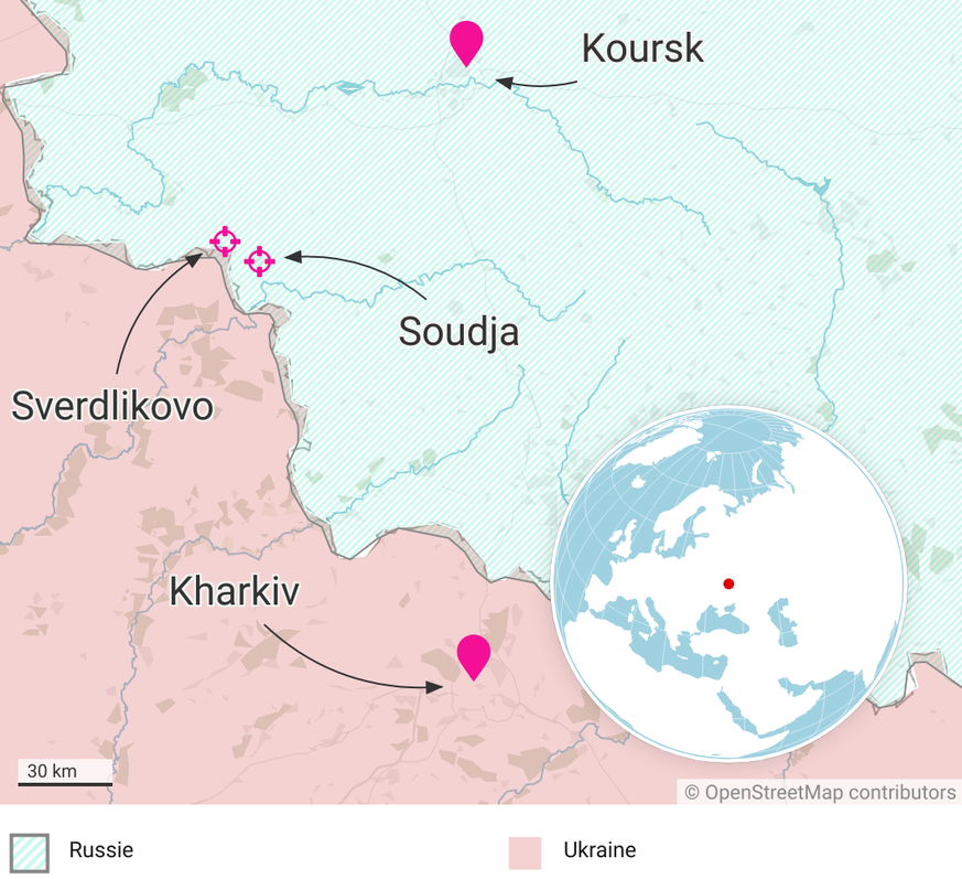 Koursk, Kharkiv, Sverdlikovo et Soudja: la carte.