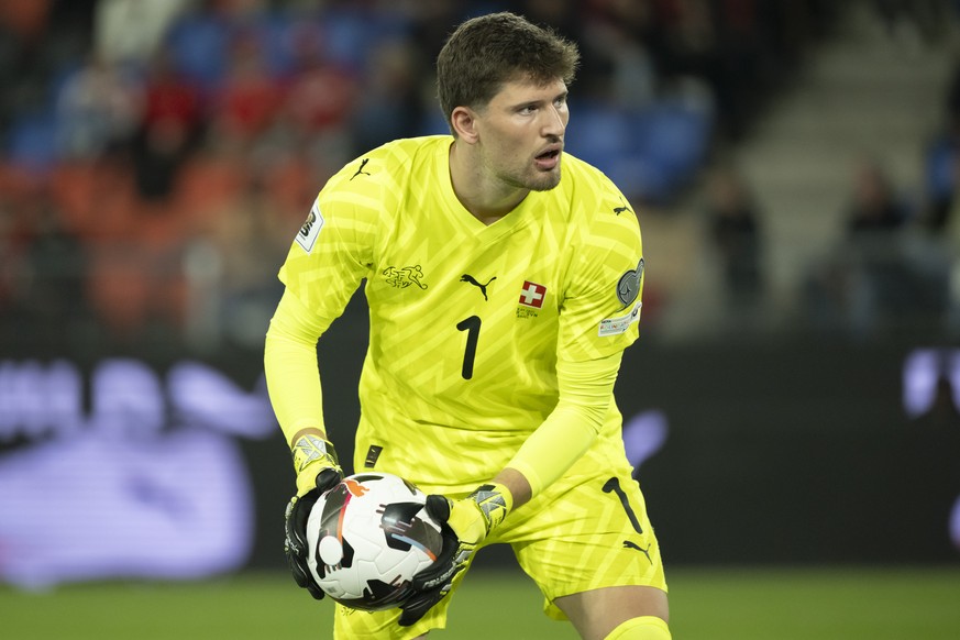 Switzerland's goalkeeper Gregor Kobel during the FIFA 2026 World Cup Group B qualifying soccer match between Switzerland and Slovenia at the St. Jakob-Park stadium in Basel, Switzerland on Monday ...