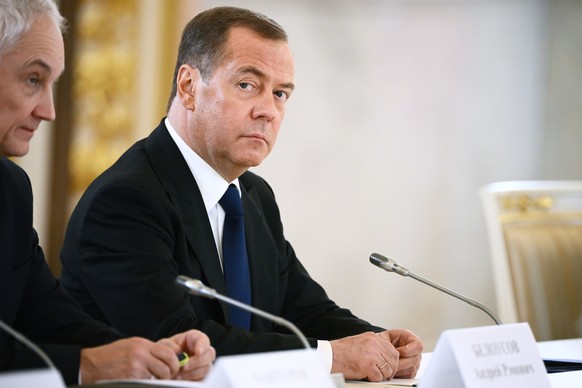 epa10535434 Deputy head of Russia&#039;s Security Council Dmitry Medvedev (R) attends the Russia - China talks at the Kremlin in Moscow, Russi 21 March 2023. Chinese President Xi Jinping arrived in Mo ...