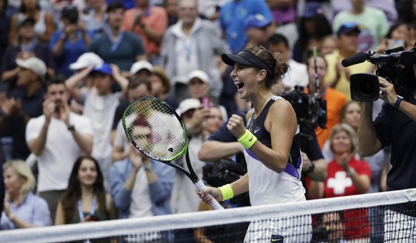 Belinda Bencic, of Switzerland, reacts after defeating Naomi Osaka, of Japan, 7-5, 6-4 during the fourth round of the US Open tennis championships Monday, Sept. 2, 2019, in New York. (AP Photo/Frank F ...