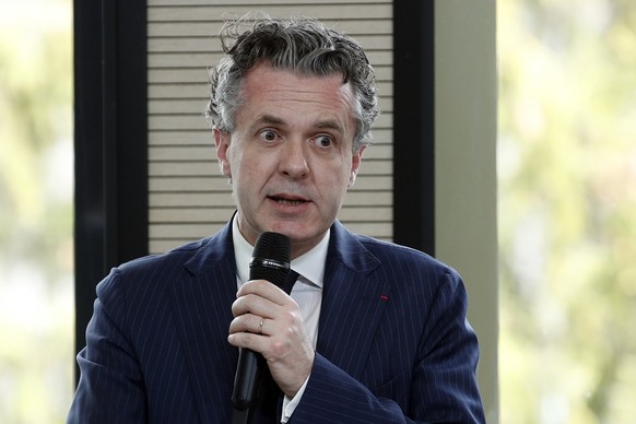 epa10550417 French Ecological Transition Minister Christophe Bechu speaks a meeting with local officials as part of French President Macron&#039;s (not pictured) visit in Savines-Le-Lac, South Eastern ...