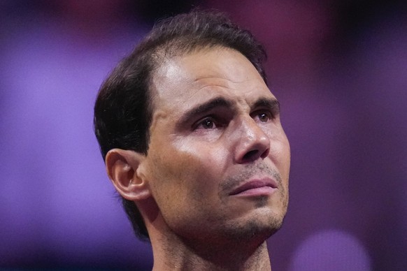 Spain&#039;s Rafael Nadal during a tribute after playing his last match as a professional tennis player in the Davis Cup quarterfinals at the Martin Carpena Sports Hall in Malaga, southern Spain, on e ...