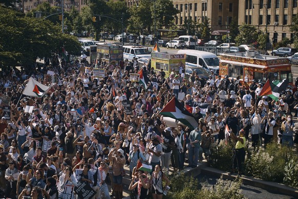 Pro-Palestinian protesters gather in front of the Brooklyn Museum during a protest demanding a permanent cease-fire in Gaza on Friday, May 31, 2024, in the Brooklyn borough of New York. (AP Photo/Andr ...