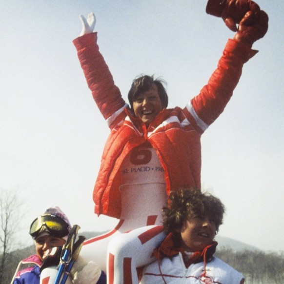 Ski Alpin Olympische Spiele 1980: H. WENZEL (LIE), MOSER-PROELL (AUT), NADIG (SUI) Olympische Winterspiele Lake Placid 13-24.02.1980 Abfahrt Damen 17.02.1980 Hanni WENZEL (Liechtenstein), Annemarie MO ...