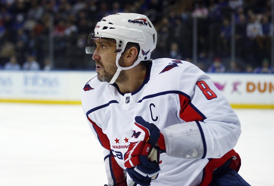 Washington Capitals&#039; Alex Ovechkin looks up ice during the first period of the team&#039;s NHL hockey game against the New York Rangers on Thursday, Feb. 24, 2022, in New York. (AP Photo/John Mun ...