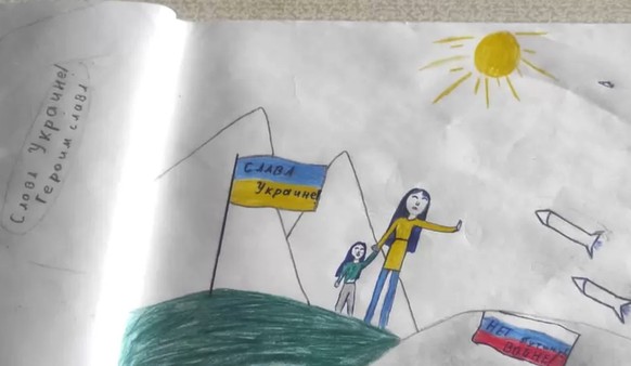 La dessin de Macha, où elle a écrit: «Non à la guerre!»