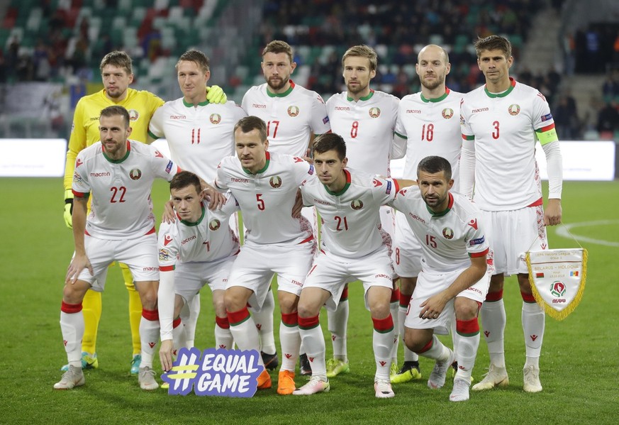 Belarus players pose for a photo prior the UEFA Nations League soccer match between Belarus and Moldova at the Dinamo Stadium, in Minsk, Belarus, Monday, Oct. 15, 2018. (AP Photo/Sergei Grits)