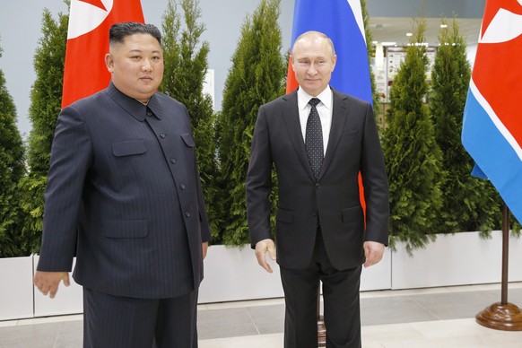 Russian President Vladimir Putin, right, and North Korea&#039;s leader Kim Jong Un pose for a picture during their meeting in Vladivostok, Russia, Thursday, April 25, 2019. Putin and Kim are set to ha ...