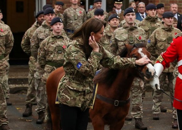 DEREHAM, ENGLAND - NOVEMBER 8: Catherine, Princess of Wales touches a pony as she visits The Queen's Dragoon Guards Regiment for the first time as their Colonel in Chief on November 8, 2023 in De ...