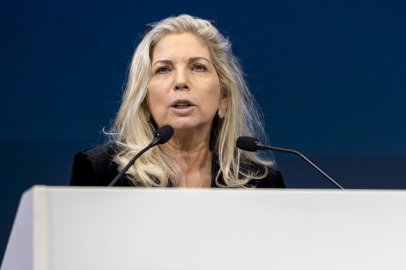 Nathalie Fontanet, President of the State Council of Geneva, delivers her speech before a panel titled &quot;The Council of Europe - A Key Mission for Europe and the World&quot; with Secretary-General ...