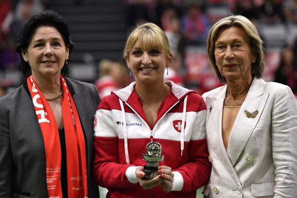 Christiane Jolissaint (à gauche) et Timea Bacsinszky en février 2019 à Bienne lors d'un match de Fed Cup contre l'Italie.