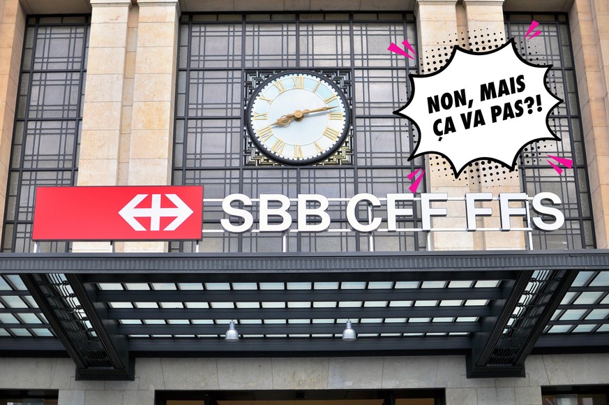 GENEVA, SWITZERLAND - AUGUST 17: Logo of Swiss railways in the train station of Geneva on August 17, 2015. SBB is the national railway company of Switzerland.