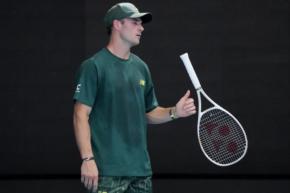 Tommy Paul of the U.S. reacts during a fourth round match against Alejandro Davidovich Fokina of Spain at the Australian Open tennis championship in Melbourne, Australia, Sunday, Jan. 19, 2025. (AP Ph ...