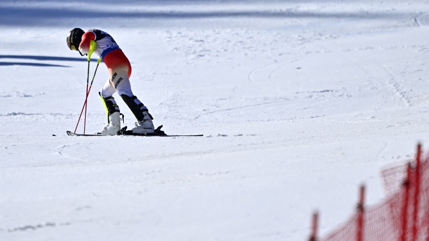 epa10474853 Wendy Holdener of Switzerland reacts after being eliminated during the second run of the women&#039;s slalom race at the FIS Alpine Skiing World Championships in Meribel, France, 18 Februa ...