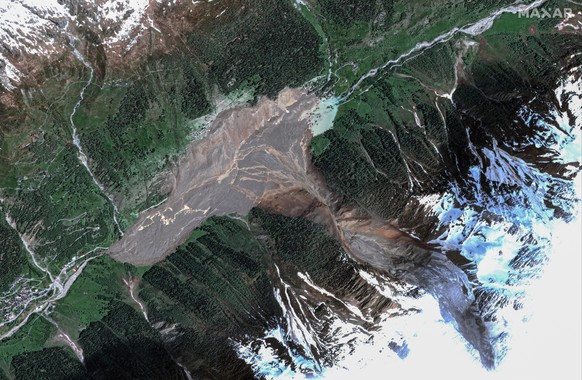This satellite image provided by Maxar Technologies shows the village of Blatten after suffering a mudslide, in Switzerland, May 29, 2025. (Maxar Technologies via AP)
Switzerland Mudslide