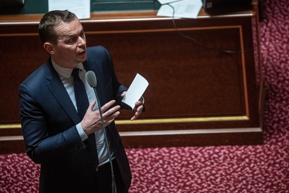 epa10499267 French Labour Minister Olivier Dussopt speaks during the opening of the session to examine the government&#039;s contested bill on pension reform in Paris, France, 02 March 2023. The debat ...