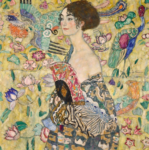 HANDOUT - 13.06.2023, Nordrhein-Westfalen, K�ln: Das Gem�lde �Dame mit F�cher� von Gustav Klimt (1917/18). Das ..Gem�lde wird am Dienstagabend in London bei Sotheby&#039;s versteigert...Der Sch�tzprei ...