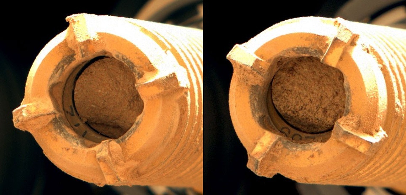 This pair of images shows two cylinders of rock the size of classroom chalk inside the drill of NASA&#039;s Perseverance rover from an outcrop called &amp;quot;Wildcat Ridge&amp;quot; in Mars&#039; Je ...