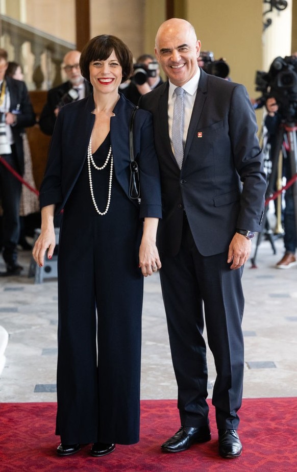 LONDON, ENGLAND - MAY 05: President of the Swiss Confederation, Alain Berset and Muriel Zeender Berset attend the Coronation Reception for overseas guests at Buckingham Palace on May 05, 2023 in Londo ...