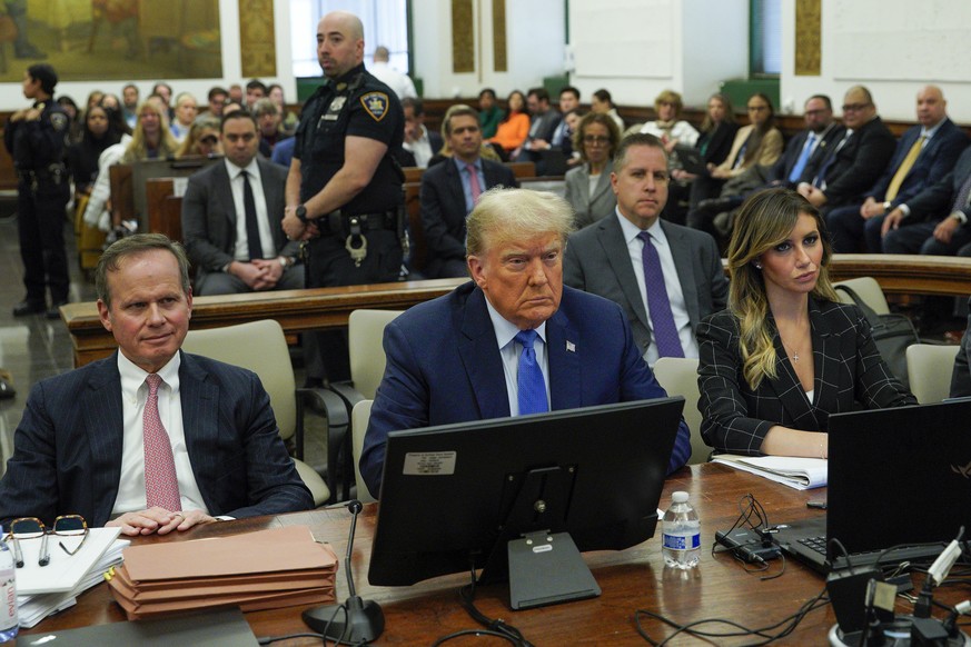 Flanked by his attorneys Chris Kise, left, and Alina Habba, former President Donald Trump waits to take the witness stand at New York Supreme Court, Monday, Nov. 6, 2023, in New York. (AP Photo/Eduard ...
