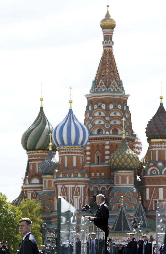 Russian President Vladimir Putin delivers his speech during the Victory Day military parade marking the 78th anniversary of the end of World War II in Red square in Moscow, Russia, Monday, May 9, 2022 ...