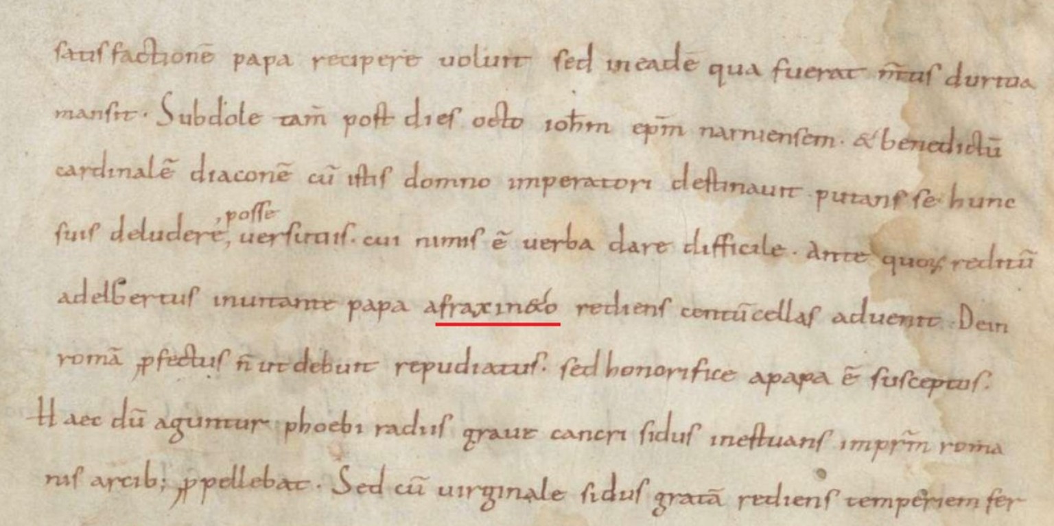 Mention du Fraxinet dans l’Antapodosis de Liutprand de Crémone.
https://commons.wikimedia.org/wiki/File:Liutprand,_Fraxinetum.png?uselang=fr