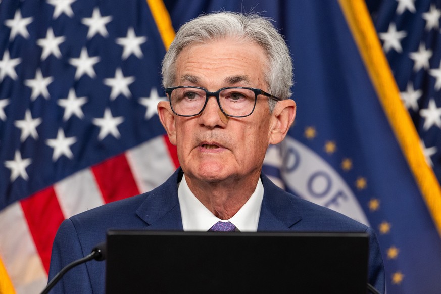 epa11406554 US Federal Reserve Board Chairman Jerome Powell speaks to reporters after the Fed once again refrained from raising interest rates following its two-day conference at the Federal Reserve i ...