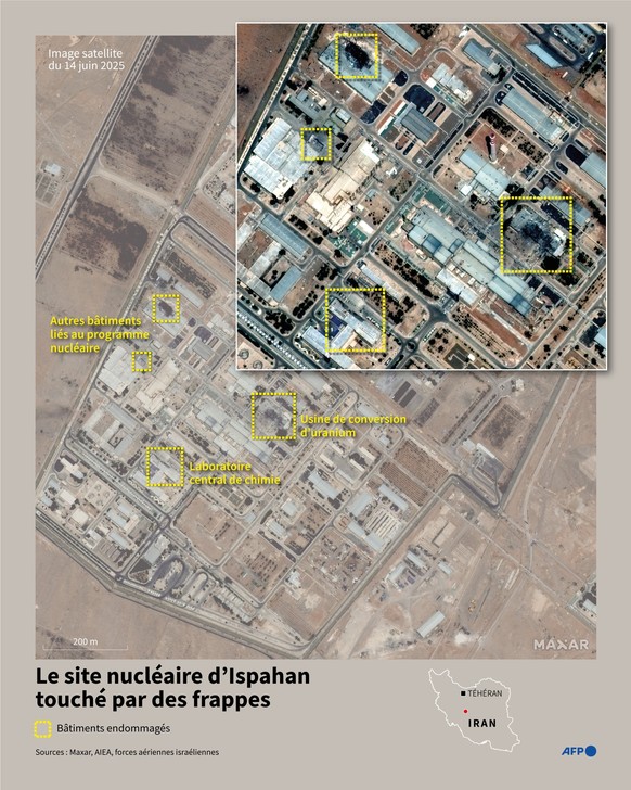 Image satellite de Maxar du 14 juin 2025 montrant les d�g�ts sur le site nucl�aire d&#039;Ispahan, en Iran (Photo by Cl�a P�CULIER and Sabrina BLANCHARD / AFP)