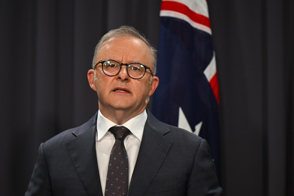 epa11276057 Australian Prime Minister Anthony Albanese speaks to the media on the Bondi Junction stabbings, during a press conference in Canberra, Australia, 13 April 2024. New South Wales Police conf ...