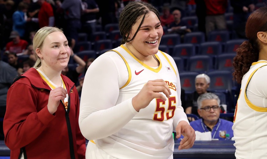 TUCSON, AZ - JANUARY 11: Iowa State Cyclones center Audi Crooks 55 after a basketball game between the Iowa State Cyclones and the Arizona Wildcats on January 11, 2025, at McKale Center in Tucson, AZ. ...