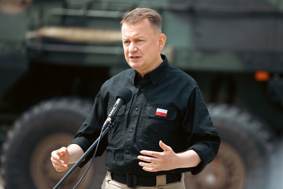 epa10724311 Polish Defense Minister Mariusz Blaszczak during a meeting with Defense Minister of Germany Pistorius (unseen) at the 18th Anti-Aircraft Regiment in Zamosc, Poland, 03 July 2023. Pistorius ...